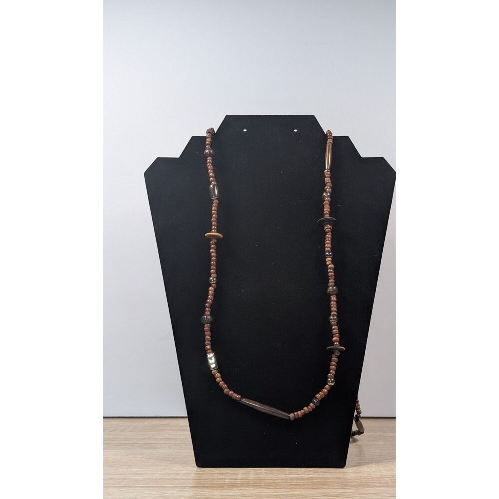 Vintage Brown Beaded Necklace 23” Wood Tone Mixed Beads Boho Ethnic